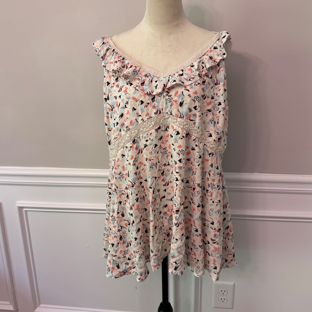 Abstract Print Y2K Ruffle Lace Trim Babydoll Empire Waist Top Pink 2 - Picture 3 of 14